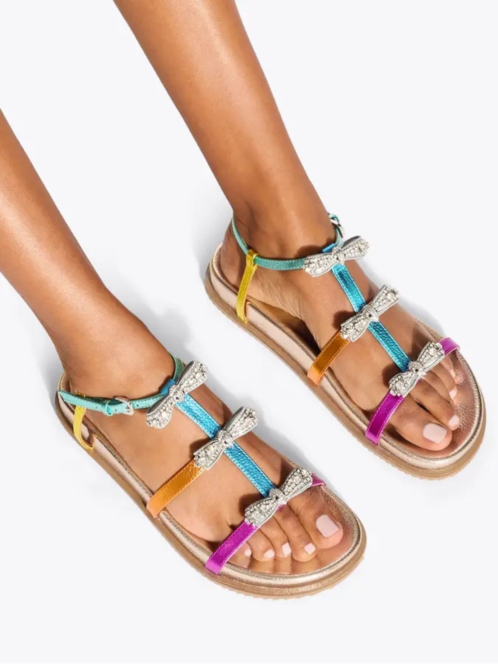 Kurt Geiger PIERRA Metallic Rose Gold Multicolor Crystal Bow T-Strap Sandal 6.5
